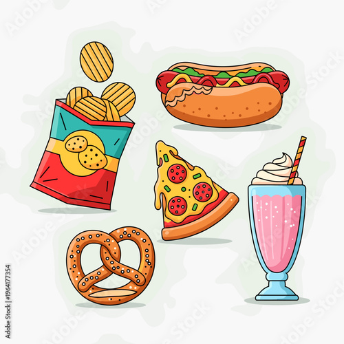 A vibrant illustration showcasing a collection of popular fast food items, including a hot dog, pizza slice, potato chips, pretzel, and a strawberry milkshake.