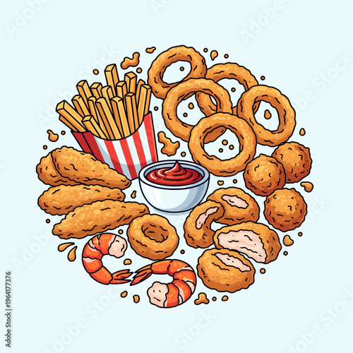 A circular arrangement of various fried foods including french fries, onion rings, chicken tenders, shrimp, and meatballs, with a small bowl of ketchup in the center.