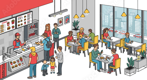 Isometric view of a busy fast-food restaurant interior with customers ordering and dining, showcasing a modern urban setting.