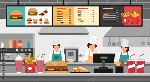 A busy fast-food restaurant kitchen with chefs preparing burgers and fries, digital menu boards displaying food items, and a counter with drinks and condiments.