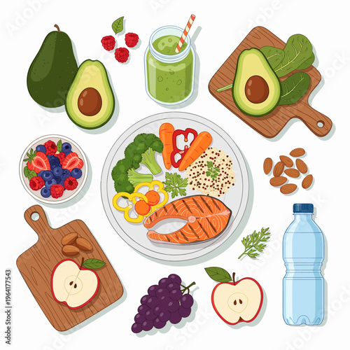 A vibrant overhead flat lay of various healthy food items including grilled salmon, fresh fruits, vegetables, nuts, and drinks, promoting a balanced diet.