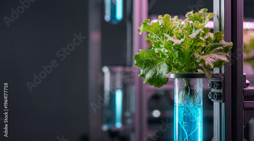 Fresh green lettuce growing in futuristic vertical glass tube with LED grow lights, urban farming technology.