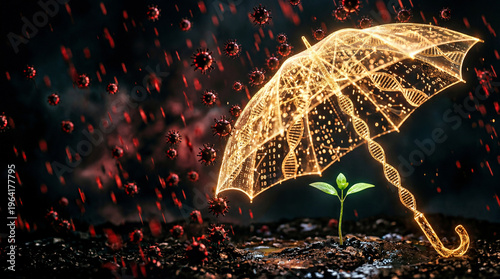 Glowing golden DNA helix umbrella shielding green sprout from red virus rain, immunity and prevention concept.