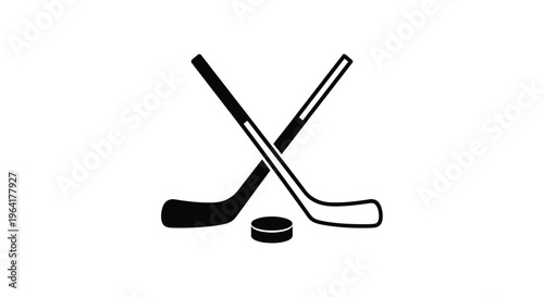 Two hockey sticks and a puck displayed in stark black silhouette