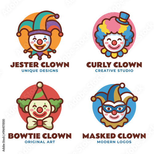 A lively group of clowns each showcasing their distinct styles in bright colors, perfect for entertaining themes, children's events, and joyful design projects.