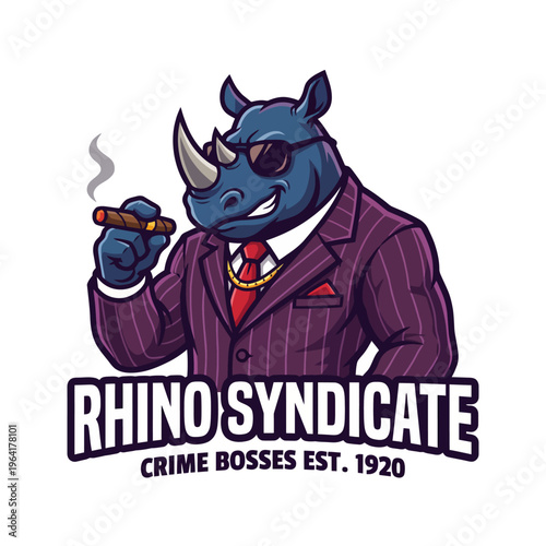 A charismatic rhino dressed in a stylish suit and sunglasses, exuding confidence while holding a cigar, representing a clever and playful twist on crime boss imagery.