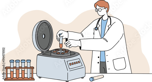 Scientist in a lab coat operating a centrifuge machine with test tubes on a table against a light backdrop in a hand drawn style isolated on a transparent background
