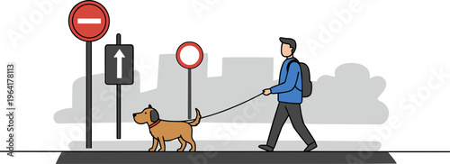 Man walking a dog on a street with traffic signs in a hand drawn style isolated on a transparent background