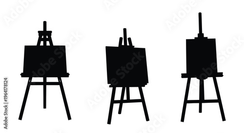 Three black art easels displayed in a simple silhouette