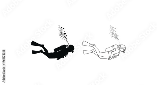 Two scuba divers swimming underwater one as a dark silhouette