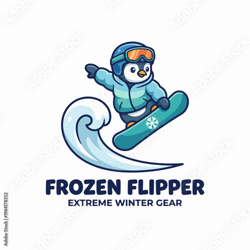 An adventurous penguin snowboards down a snowy wave, capturing the thrill of winter sports and the joy of snowy adventures with a vibrant and playful design that excites.