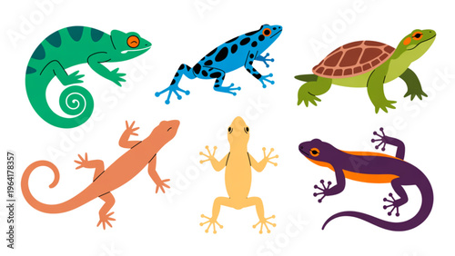 Colorful cartoon reptiles including lizards and geckos in playful poses Vector
