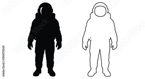 Two astronauts depicted in contrasting forms a striking silhouette