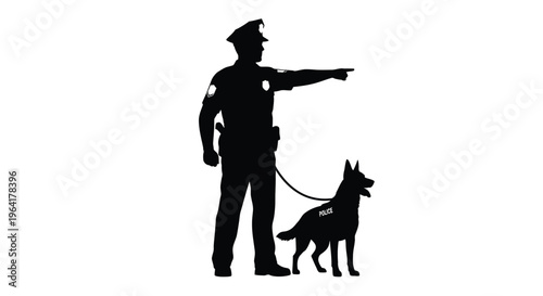 Police officer and canine unit directing attention stark silhouette