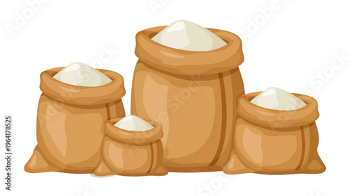 Three large sacks filled with what appears to be flour or grain stacked outdoors Vector