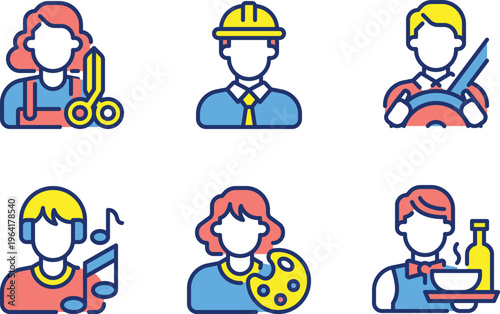 Six colorful icons representing diverse professions and creative activities
