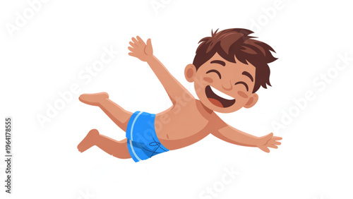 A cheerful young boy joyfully flying through the air in blue swim trunks Vector