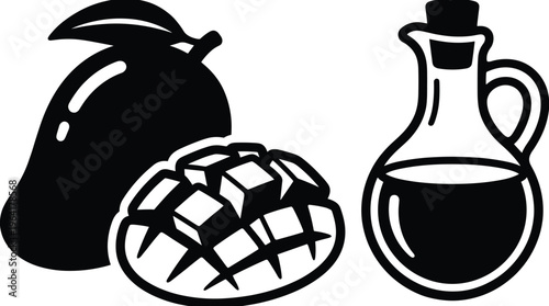 Mango fruit vector with glass vinegar bottle for kitchen food design