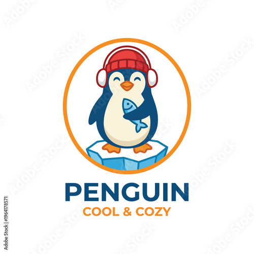 This cheerful penguin character, complete with headphones, symbolizes warmth and coziness for the 'Penguin' brand, enhancing its connection to winter-themed comfort products.