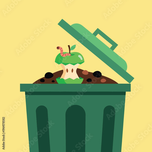 Composting concept flat vector illustration with a green trash can containing soil, a half-eaten apple core with a worm on top