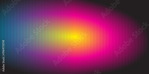 Glass ripple texture with dark gradient cyan blue magenta pink yellow light streaks. Futuristic distortion, moody abstract glow, reeded vertical blur. banner, cover, UI design Vector illustration