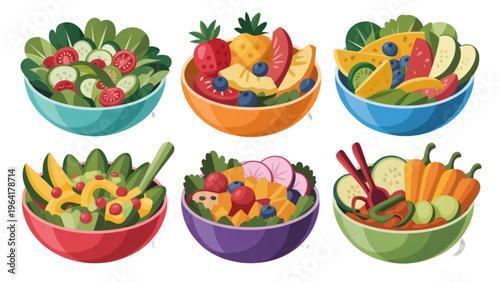 Colorful bowls filled with vibrant cartoon fruits and vegetables Vector