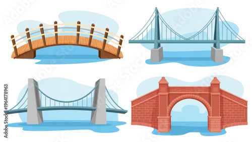 Four iconic bridges spanning over water bodies in a stylized illustration Vector
