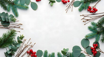 Elegant Winter Holiday Frame Featuring Natural Green Fir Branches, Eucalyptus Leaves, and Vibrant Red Berries, Artfully Arranged on a Clean White Background for Festive Designs