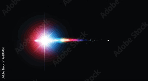 Bright Light Beam with Red Blue Lens Flare on Black Background