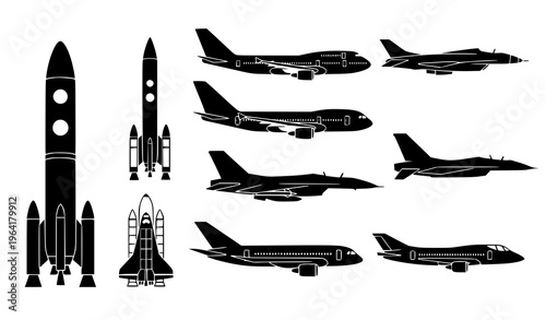 Minimal Rocket and Aircraft Vector Illustration – Aviation and Space Technology Collection