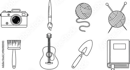 Diverse set of hobby and leisure activity icons featuring outline style vector illustrations of creative tools and pastimes ideal for web app and educational design