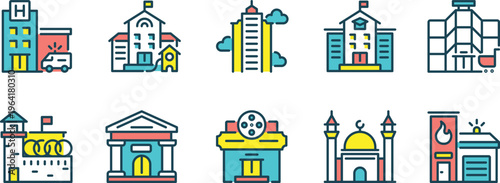 Colorful icons representing various types of buildings and establishments