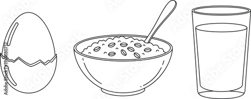 Minimalist outline vector illustration of breakfast essentials featuring a cracked egg a bowl of cereal with a spoon and a glass of milk perfect for healthy eating concepts
