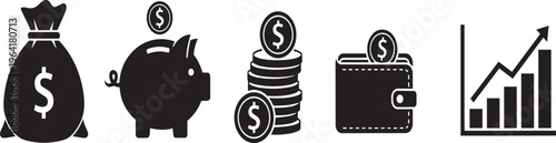 Financial icons including money bag piggy bank coins wallet and growth chart