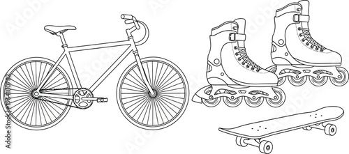 Set of outline vector illustrations featuring a bicycle inline roller skates and a skateboard perfect for sports recreation and urban transport concepts