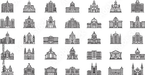 Collection of diverse architectural sketches of buildings