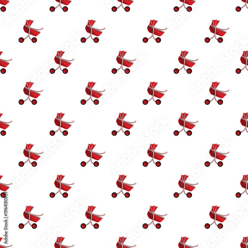 Red baby carriages forming a playful pattern on a white background