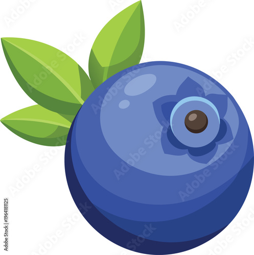 Bild auf Leinwand "Large Plump Glossy Blueberry with Green Leaves – Bold Flat Vector Cartoon Fruit