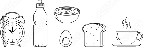 Set of essential breakfast and morning routine line art icons ideal for web app and infographic design isolated on a white background