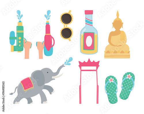 Songkran Festival Thailand Icons Vector Set