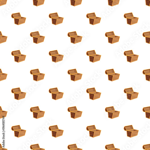 Empty open wooden treasure chests repeating pattern on white background