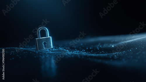 Single padlock icon floating in a vast dark cyber background minimal blue abstract digital security cybersecurity scene conveying protection and privacy