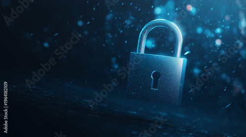 Single padlock icon floating in a vast dark cyber background with minimal blue lighting conveying digital security and privacy mood