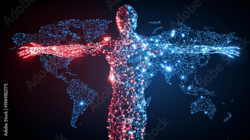 Network connection global map showing people icons and nodes connected by lines representing communication and digital links with red pulsing lights