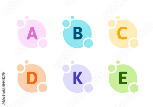 Multi vitamin molecular icon set for health care supplement, medical pharmacy nutritional. solid sphere medicine icons including vitamin C, A, D, E, K bubble for science treatment antioxidant.