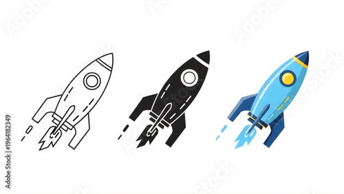 Rocket ship illustrations in various colors and styles