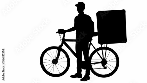 Delivery Person with Bicycle and Box Silhouette Vector Graphic