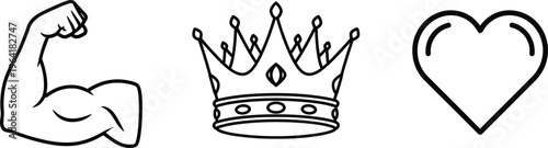 Set of line art icons featuring a flexing arm a royal crown and a heart perfect for representing strength power and love in various digital designs