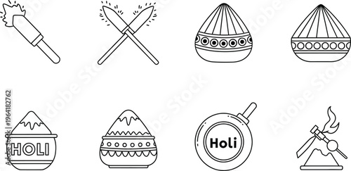 Set of minimalist outline icons representing the Hindu festival of Holi featuring traditional elements like colors firecrackers and Holika Dahan ideal for cultural event designs