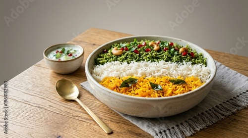 Colorful Indian Thali with Rice and Vegetables on Wooden Table